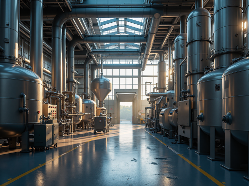 化工厂生产车间内部场景，大型反应釜设备整齐排列，管道交错，控制室显示实时数据，体现现代化化工生产环境