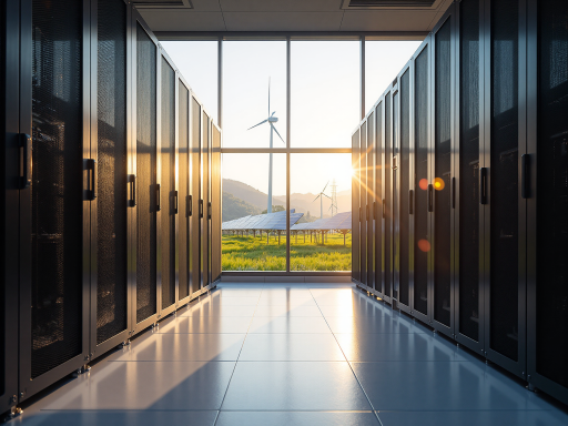 新能源发电站场景，风力发电机和太阳能板阵列，控制中心显示发电数据，体现清洁能源项目
