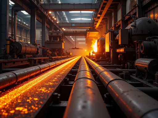 钢铁冶炼车间场景，高炉设备正在运行，工人在安全距离外观察操作，体现冶金行业自动化控制