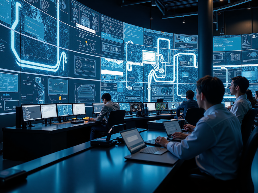 火力发电厂控制室场景，多个操作员在监控屏幕前工作，显示各种仪表盘和数据图表，体现电力行业自动化控制